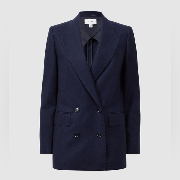 REISS Lorena Wool Flannel Double Breasted Blazer in Navy Size M